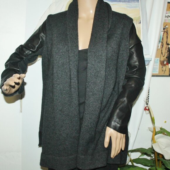 Vince Sweaters - $345 Vince Wool Knit Lambskin Leather Sleeves Open Cardigan Sweater Jacket